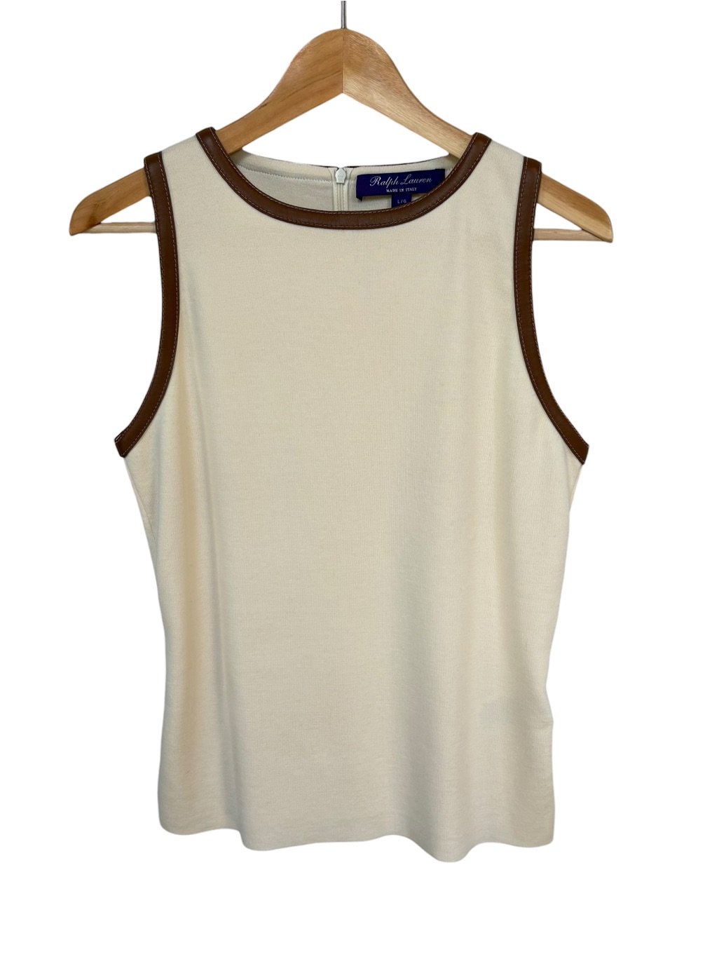 Ralph Lauren Cream Wool Knit Top With Leather Trim